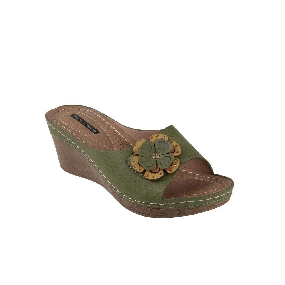Good Choice Womens 6.5 M Green Naples Flower Slip On Wedge Sandals NIB IP6